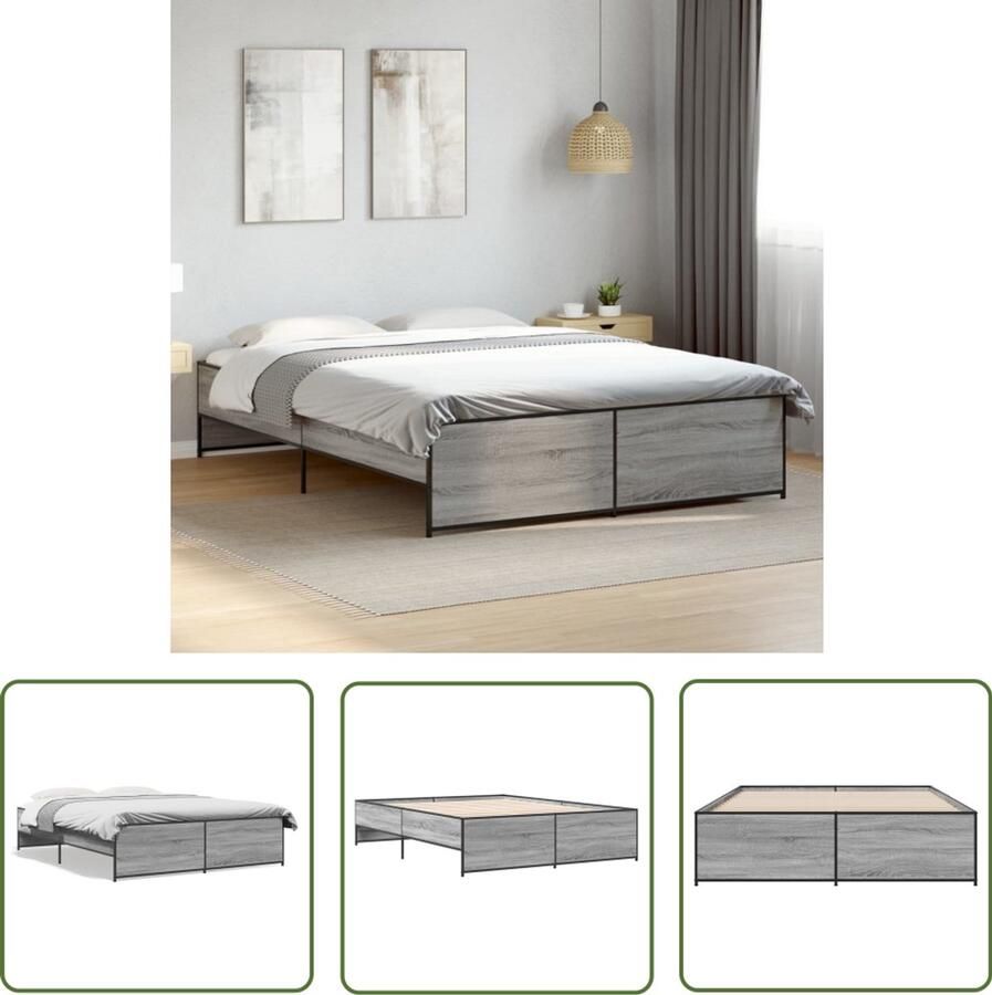 VidaXL Bedframe bewerkt hout metaal grijs sonoma eiken 160x200 cm Bed Frame Houten Bed Grijs Bed Sonoma Eiken Bed Tweepersoons Bed - Foto 2