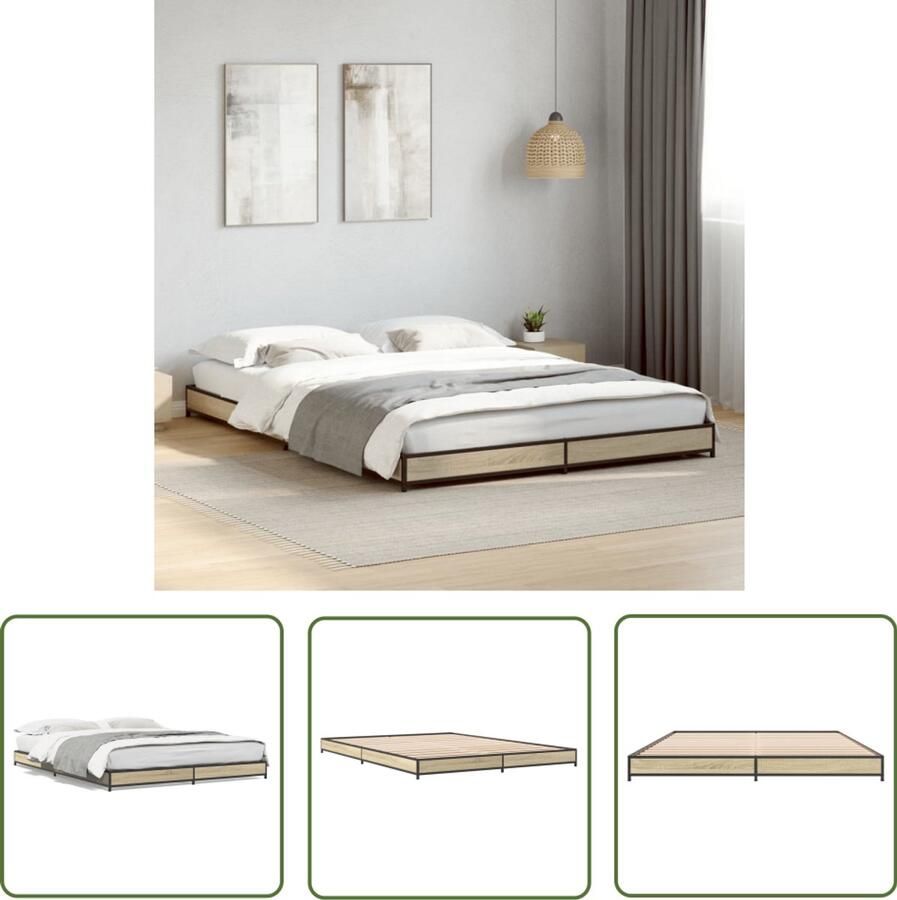 VidaXL Houten Bed Frame Bedframe bewerkt hout metaal sonoma eikenkleurig 135x190 cm Bed Met Boxspring Bruine Bed Sonomane Bed