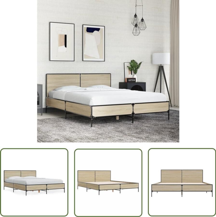 VidaXL Houten Bed Frame Bedframe bewerkt hout metaal sonoma eikenkleurig 135x190 cm Sonoma Eiken Bed 135x190 Slaapkamersdecoratie