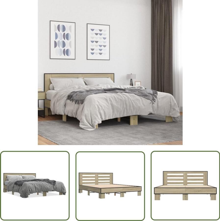 VidaXL Bedframe bewerkt hout metaal sonoma eikenkleurig 160x200 cm Bed Frame Houten Bed Sonom Eiken Tweepersoons Bed Slaapcomfort