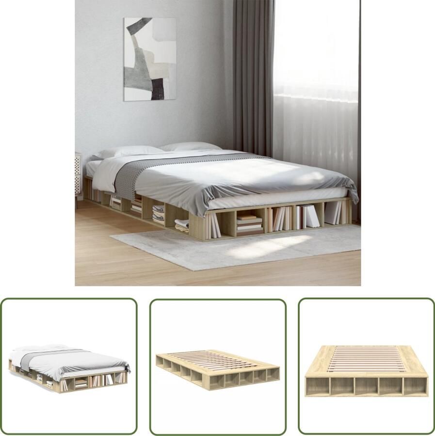 VidaXL Houten Bed Frame Bedframe bewerkt hout sonoma eikenkleurig 135x190 cm Sonomakleur Bruine Bed Slaapkamersdecoratie