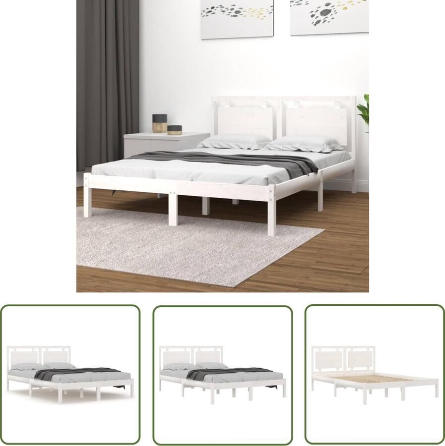 The Living Store Bedframe Grenenhout Wit 195.5 x 140.5 x 31 cm Multiplex lattenbodem Geschikt voor 135 x 190 cm matras Montage vereist 1x hoofdeind