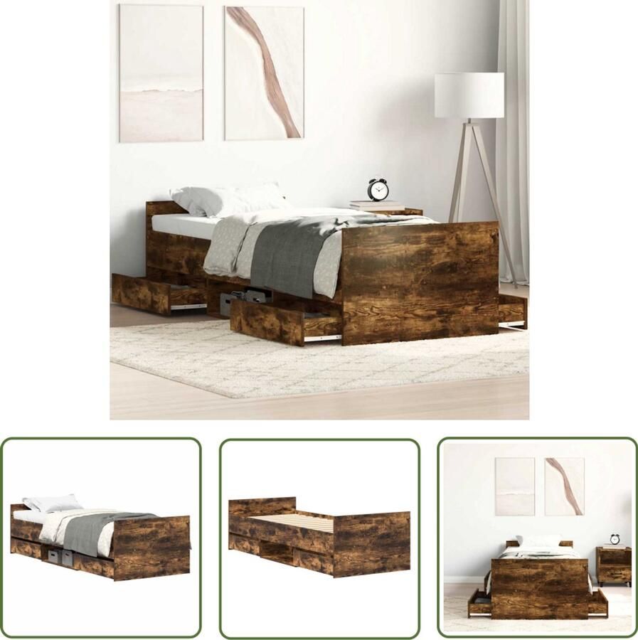 The Living Store Bedframe Gerookt eiken 203 x 103 x 50 cm Duurzaam materiaal Functioneel hoofd- en voeteneinde Opbergruimte Stevige lattenbodem Matras niet inbegrepen