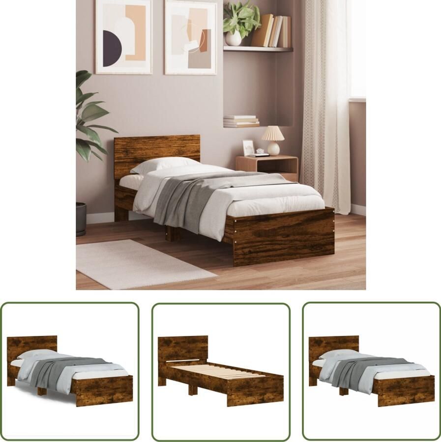 VidaXL Bedframe met hoofdbord bewerkt hout gerookt eiken 75x190 cm Bed Frame Houten Bed Bruine Bed Tweepersoonsbed Compact Bed