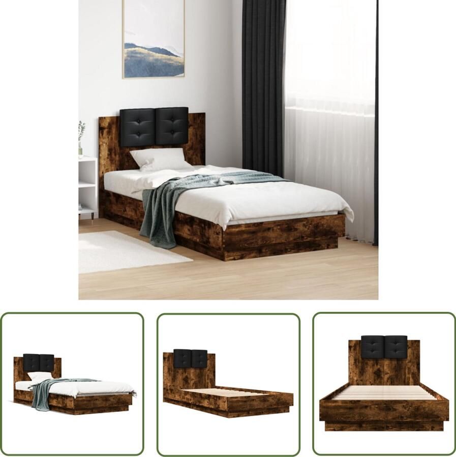 VidaXL Houten Bed Frame Bedframe met hoofdbord bewerkt hout gerookt eiken 75x190 cm Bruine Bed King Size Bed Tweepersoonsbed