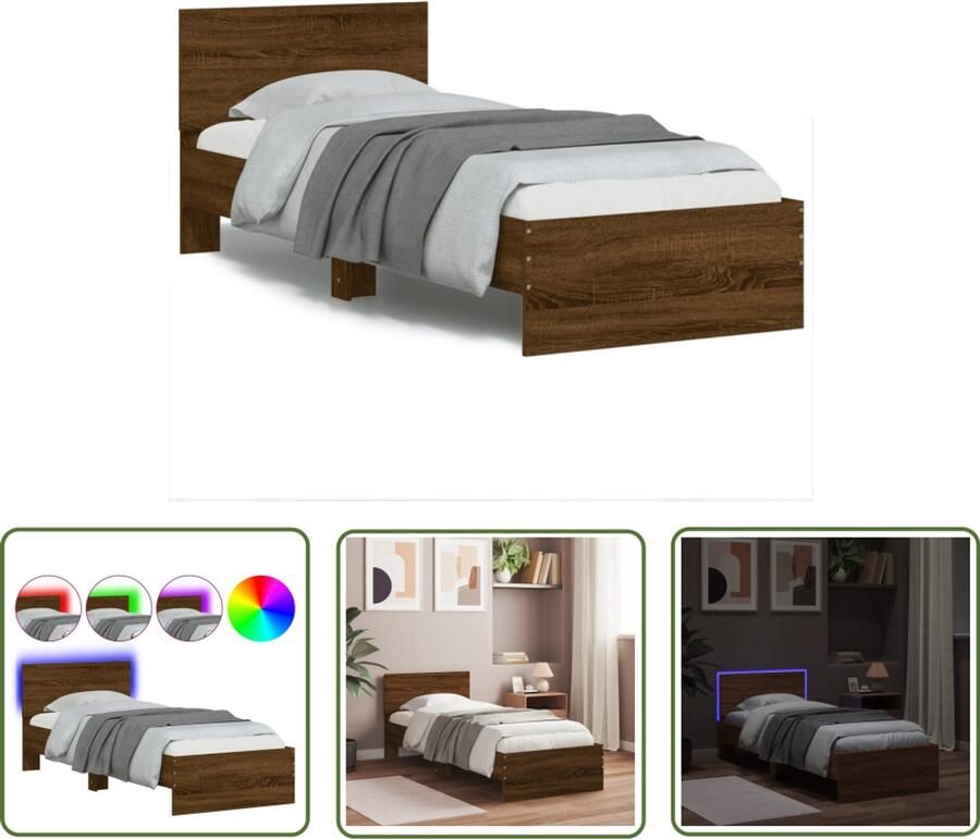 VidaXL Houten Bed Frame Bedframe met hoofdbord en LED bruin eikenkleur 90x200 cm Bed Met Led Verlichting Bruine Bed Tweepersoons Bed