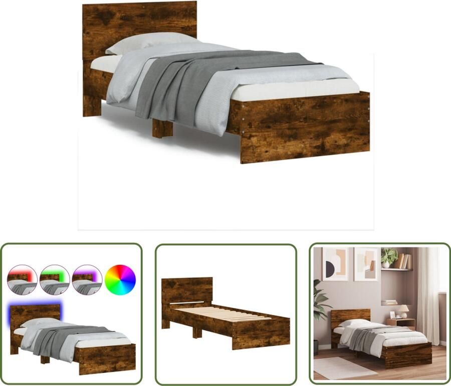 VidaXL Bedframe met hoofdbord en LED gerookt eikenkleurig 75x190 cm Bed Frame Houten Bed Led Bed Bruine Bed Tweepersoons Bed