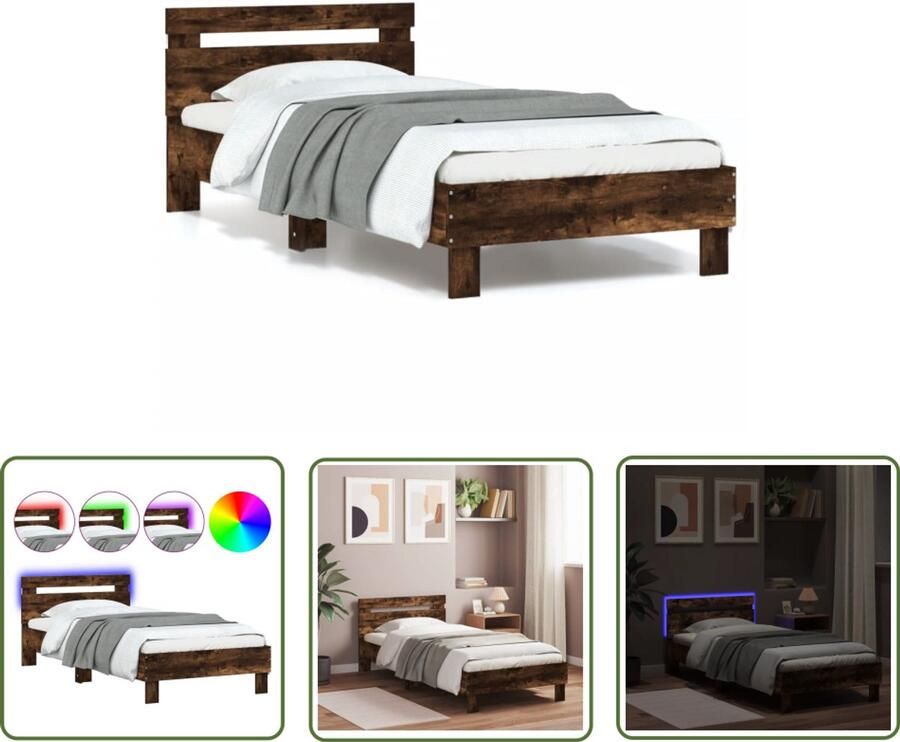 VidaXL Bedframe met hoofdbord en LED gerookt eikenkleurig 90x200 cm Bed Frame Houten Bed Bruine Bed Led Bed Tweepersoons Bed