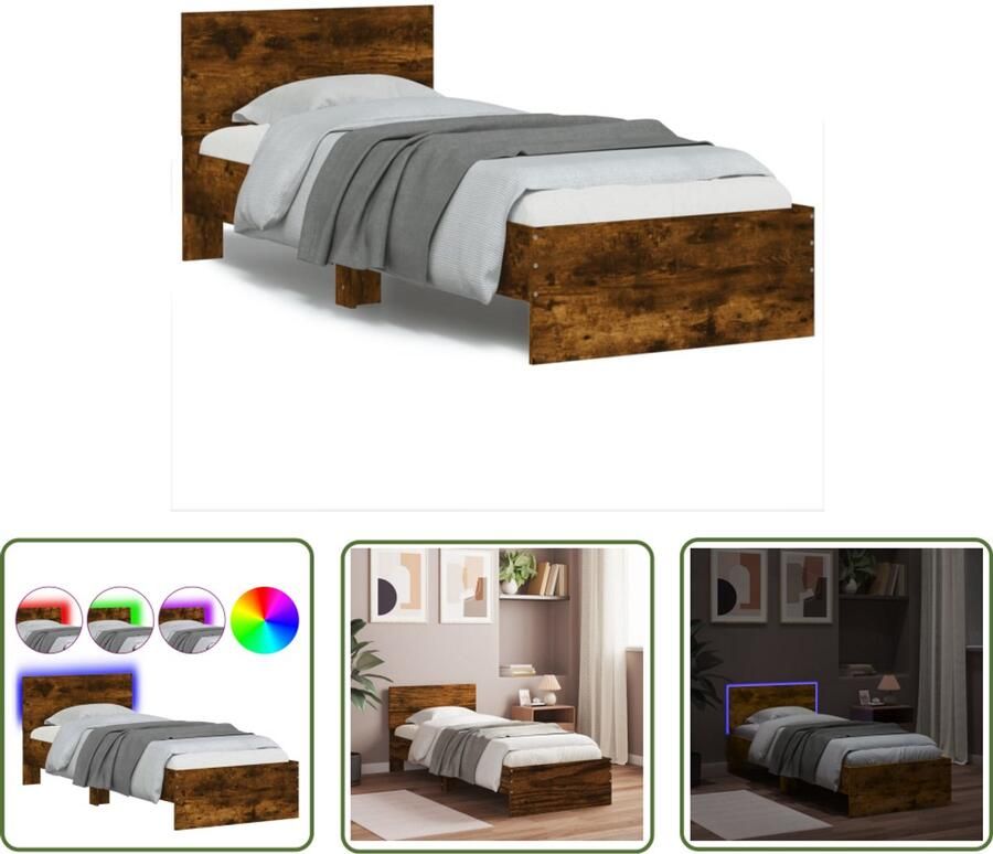 VidaXL Bedframe met hoofdbord en LED gerookt eikenkleurig 90x200 cm Bed Frame Houten Bed Led Bed Bruine Bed Tweepersoons Bed