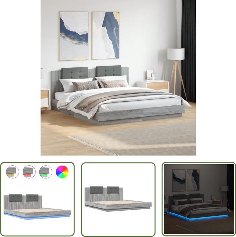 VidaXL Houten Bed Frame Bedframe met hoofdbord en LED grijs sonoma eiken 200x200 cm Grijs Bed Led Bed King Size Bed