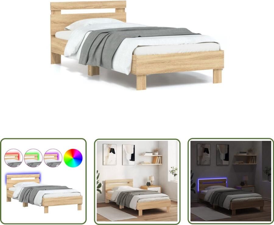 VidaXL Bedframe met hoofdbord en LED sonoma eikenkleurig 90x190 cm Bed Frame Houten Bed Led Bed Sonoma Eiken Tweepersoonsbed