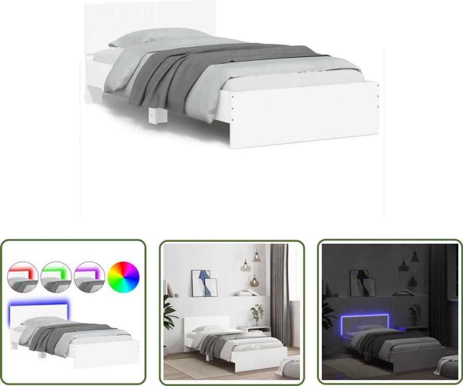 VidaXL Bedframe met hoofdbord en LED-verlichting wit 100x200 cm Bed Frame Houten Bed Led Bed Tweepersoons Bed Witte Bed