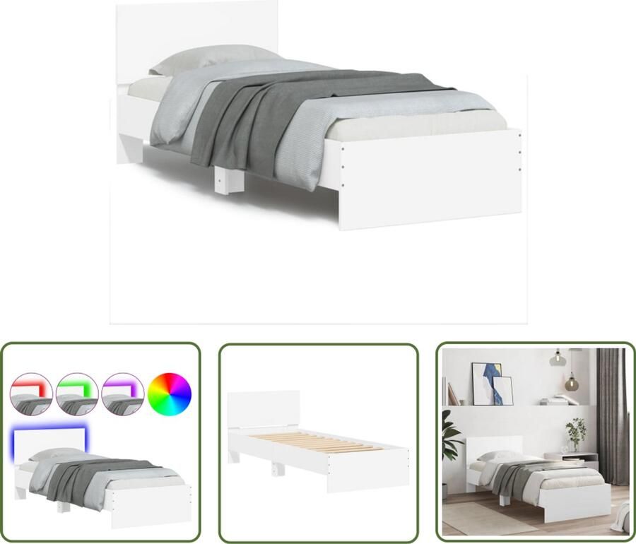 VidaXL Bedframe met hoofdbord en LED-verlichting wit 90x190 cm Bed Frame Houten Bed Led Bed Tweepersoonsbed Modern Bed