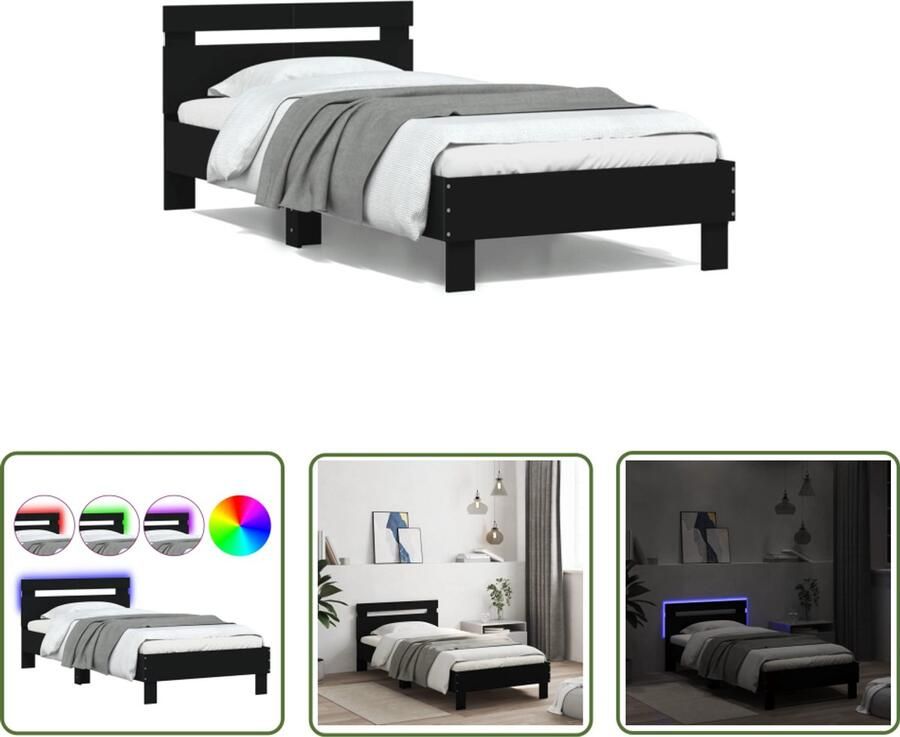 VidaXL Bedframe met hoofdbord en LED-verlichting zwart 100x200 cm Bed Frame Houten Bed Led Bed Hoofdbord Tweepersoonsbed
