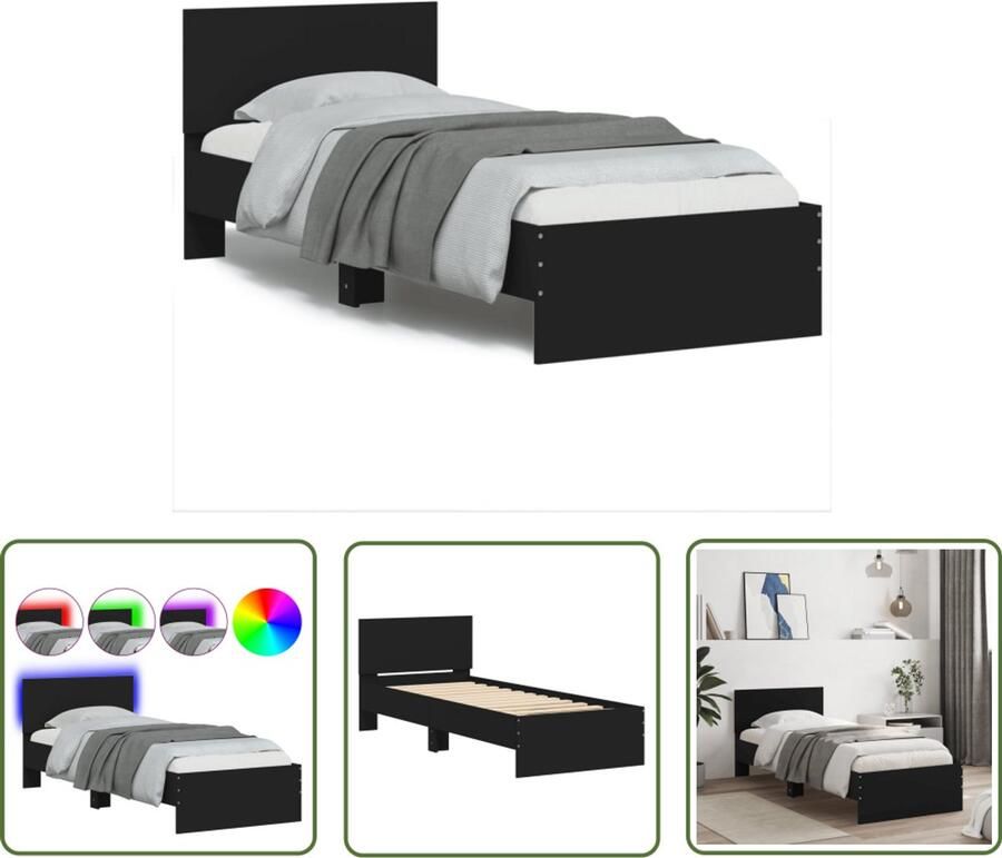 VidaXL Bedframe met hoofdbord en LED-verlichting zwart 75x190 cm Bed Frame Houten Bed Led Bed Hoofdbord Tweepersoonsbed