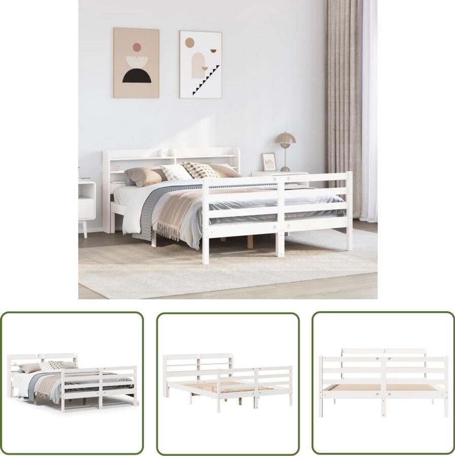 VidaXL Houten Bed Frame Bedframe met hoofdbord massief grenenhout wit 150x200 cm Massief Grenen Hout Bed Met Hoofdbord Slaapkamers