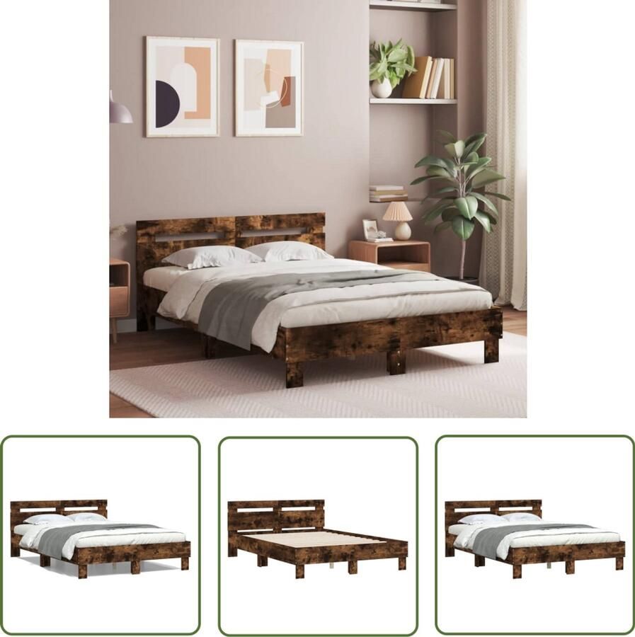 VidaXL Houten Bed Frame Bedframe met hoofdeinde bewerkt hout gerookt eiken 120x190 cm Bruine Bed Slaapcomfort Rustiek Interieur