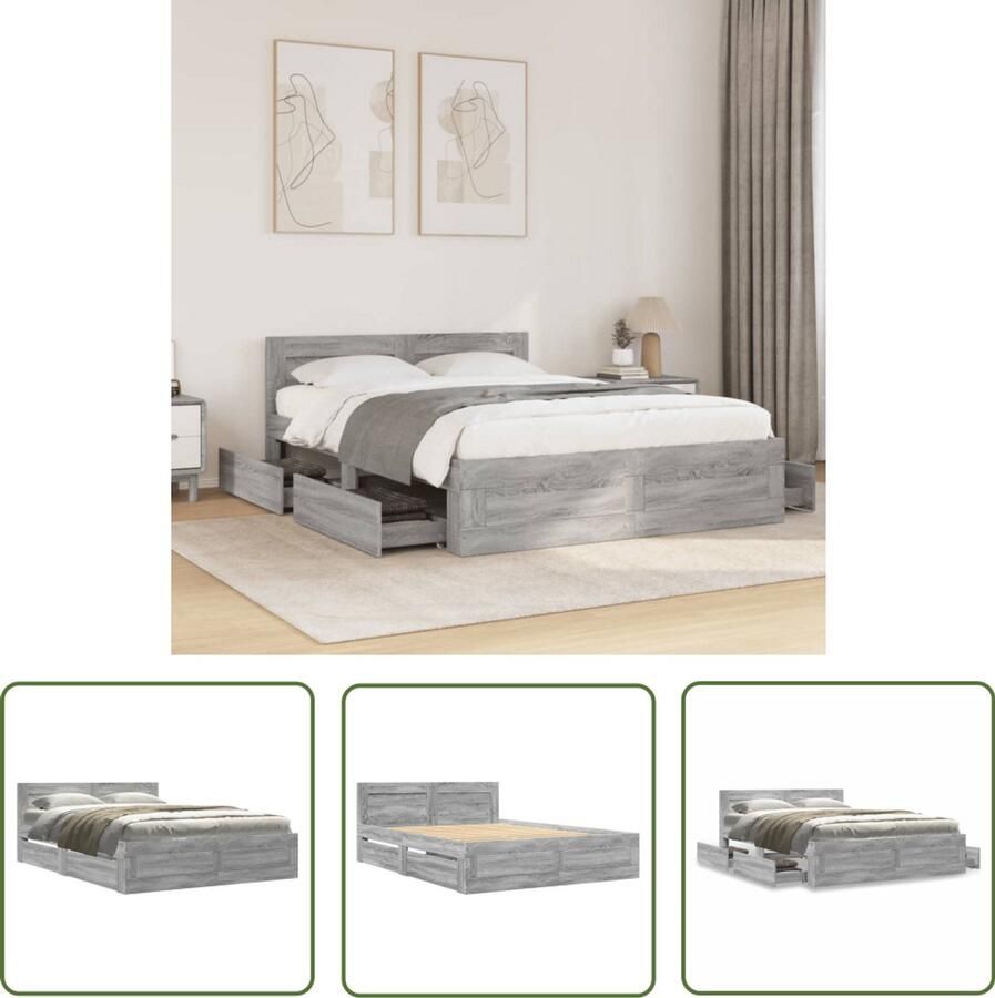 VidaXL Houten Bed Frame Bedframe met hoofdeinde bewerkt hout grijs sonoma 120x200 cm Tweepersoonsbed Slaapkamers Slaapcomfort
