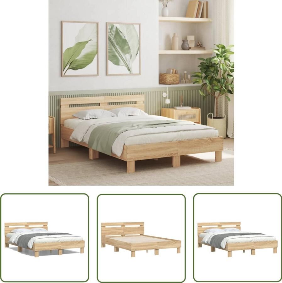 VidaXL Houten Bed Frame Bedframe met hoofdeinde bewerkt hout sonoma eiken 120x190 cm Sonoma Eiken Bed Tweepersoons Bed Met Hoofdeinde