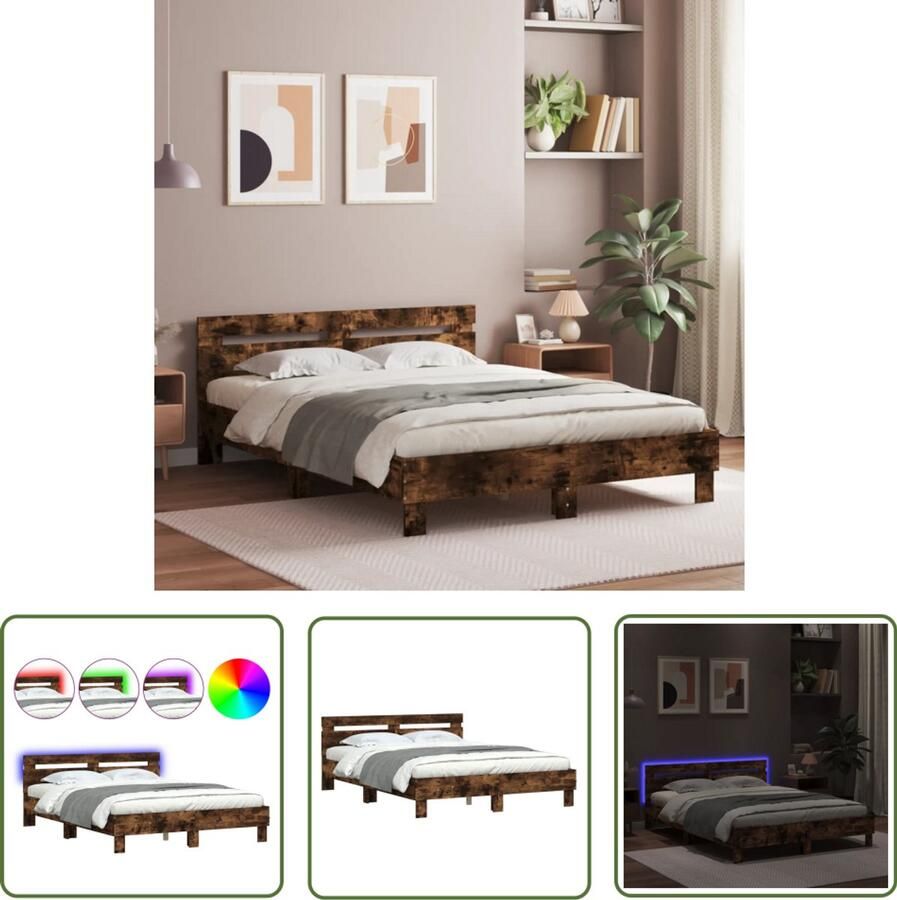 VidaXL Houten Bed Frame Bedframe met hoofdeinde en LED gerookt eikenkleurig 150x200 cm Bruine Bed Led Bed Tweepersoonsbed