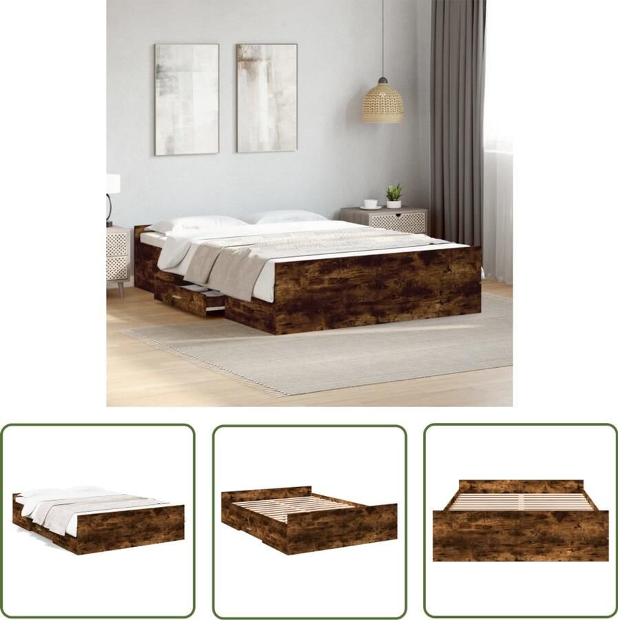 VidaXL Bedframe met lades bewerkt hout gerookt eikenkleurig 140x190 cm Bed Frame Houten Bed Bruine Bed Tweepersoonsbed Boxspring Bed