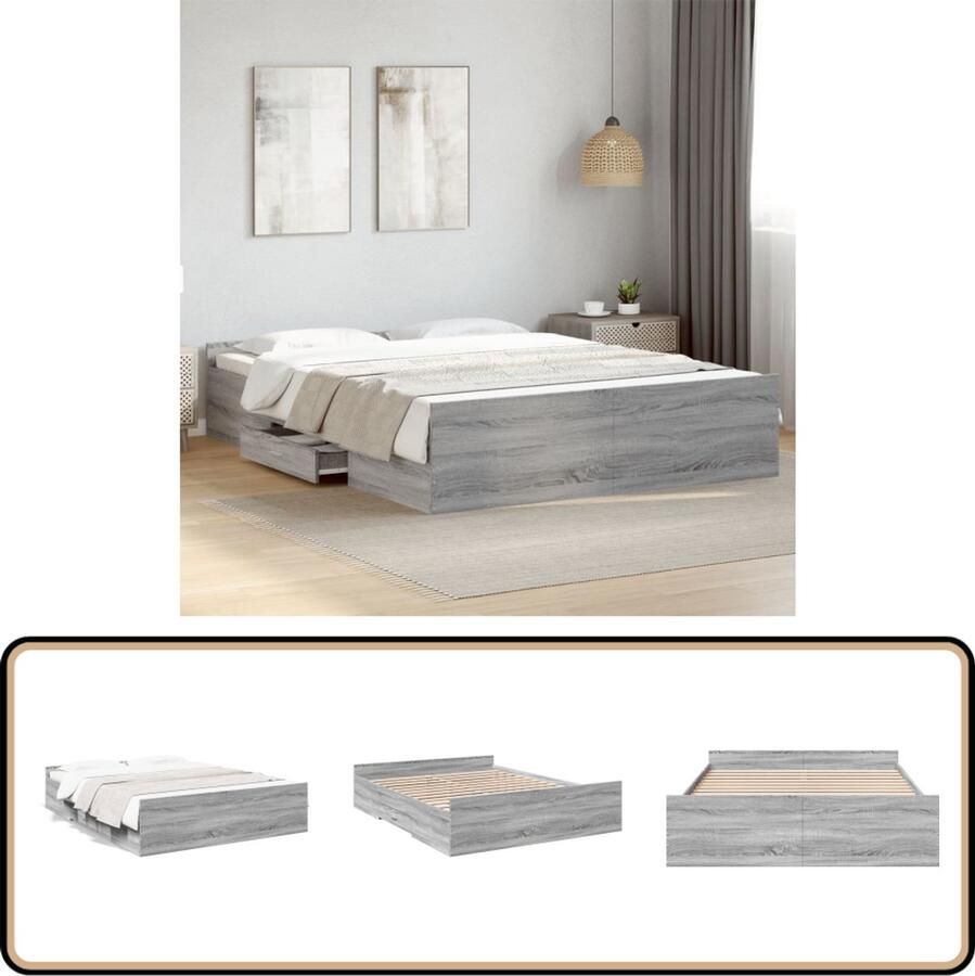 The Living Store Bedframe met Lades 203 x 153 x 40 cm Grijs Sonoma Eiken Bewerkt hout Bed Frame Houten Bed Slaapkamers Tweepersoonsbed Boxspring