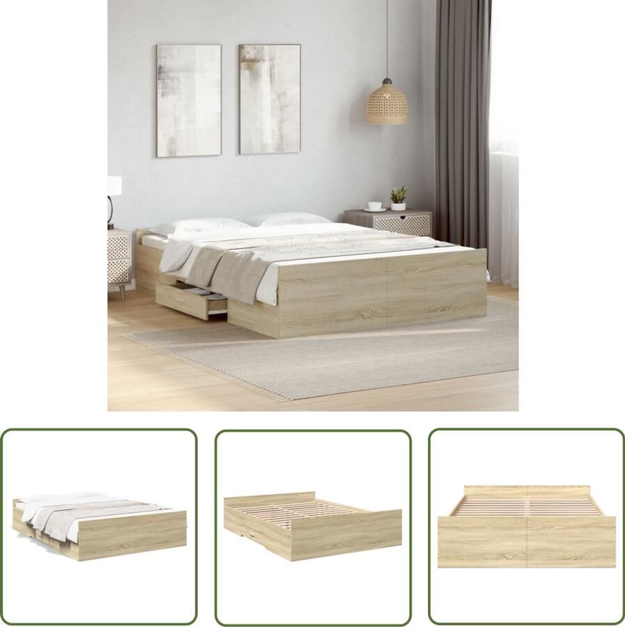VidaXL Houten Bed Frame Bedframe met lades bewerkt hout sonoma eikenkleurig 140x190 cm Sonoma Eiken Tweepersoonsbed Bed Met Lade