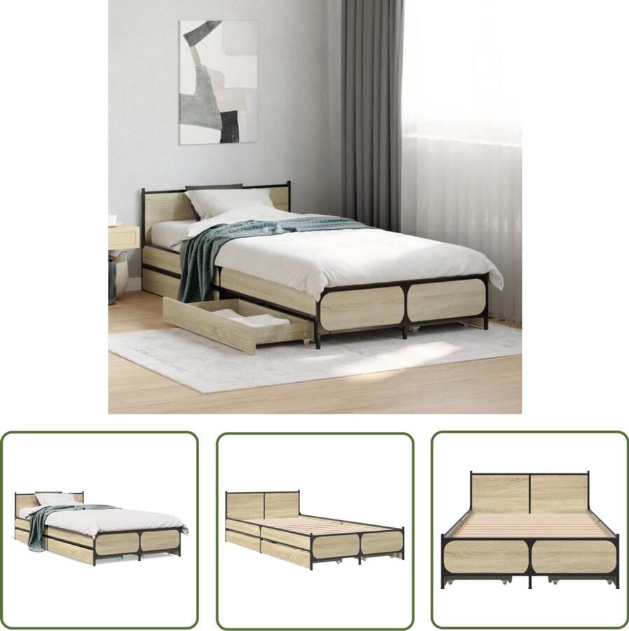 VidaXL Houten Bed Frame Bedframe met lades bewerkt hout sonoma eikenkleurig 75x190 cm Bed Met Lades Sonoma Eiken Tweepersoonsbed