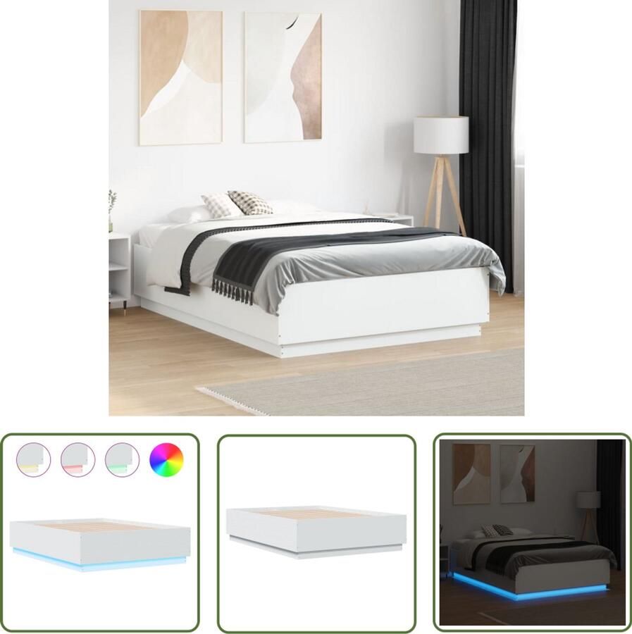 VidaXL Bedframe met LED-verlichting bewerkt hout wit 120x190 cm Bed Frame Houten Bed Led Bed Wit Bed Tweepersoonsbed