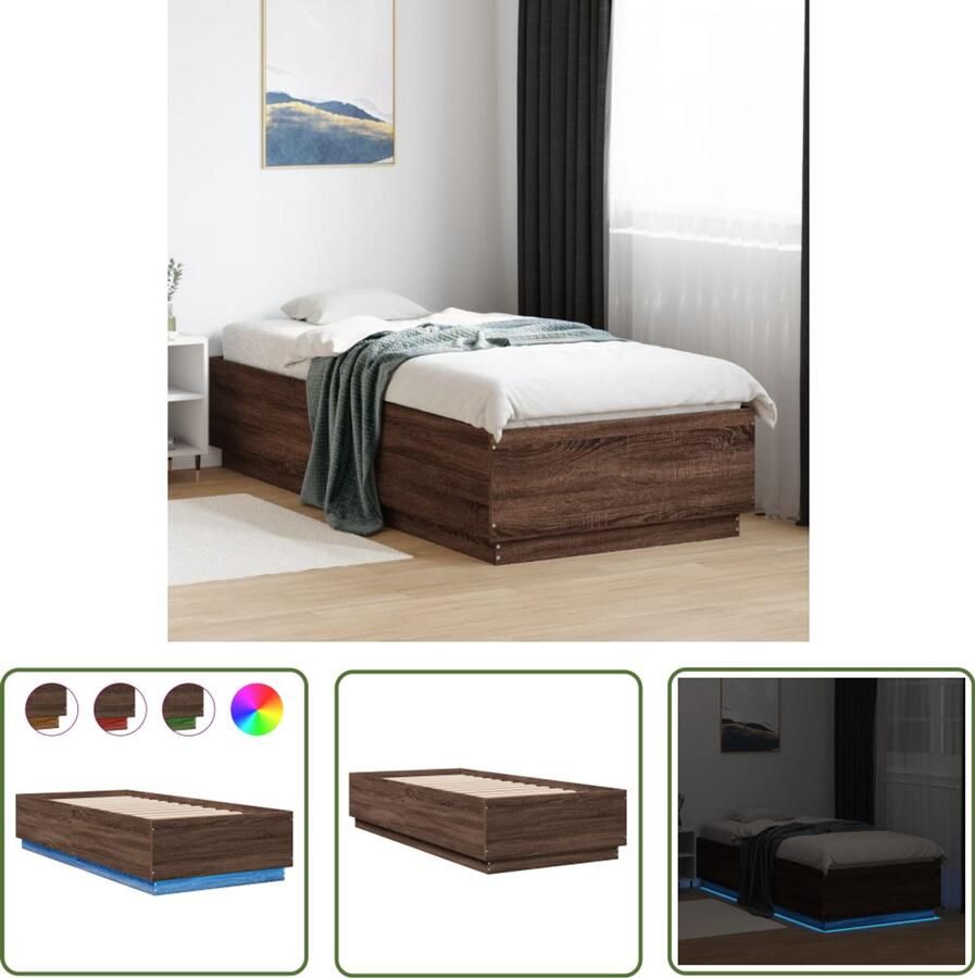 VidaXL Bedframe met LED-verlichting bruin eikenkleur 90x200 cm Bed Frame Houten Bed Led Bed Bruin Bed Tweepersoonsbed