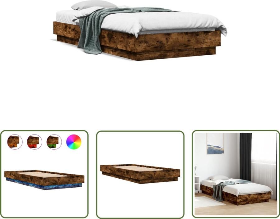 VidaXL Bedframe met LED-verlichting gerookt eikenkleurig 100x200 cm Bed Frame Houten Bed Led Bed Bruine Bed Tweepersoonsbed - Foto 2