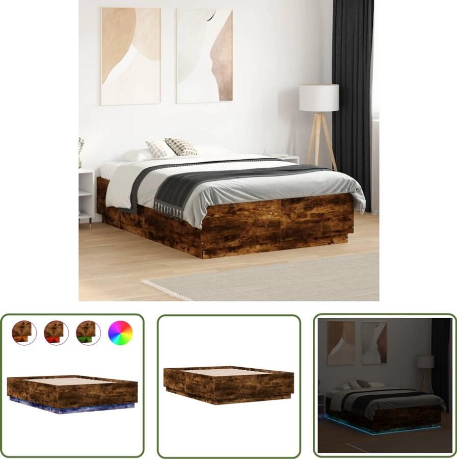 VidaXL Bedframe met LED-verlichting gerookt eikenkleurig 120x190 cm Bed Frame Houten Bed Led Bed Modern Bed Bruine Bed
