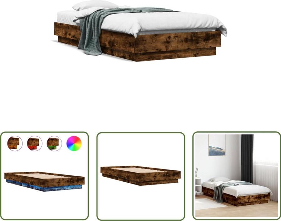VidaXL Houten Bed Frame Bedframe met LED-verlichting gerookt eikenkleurig 75x190 cm Led Bed Bruine Bed Tweepersoonsbed
