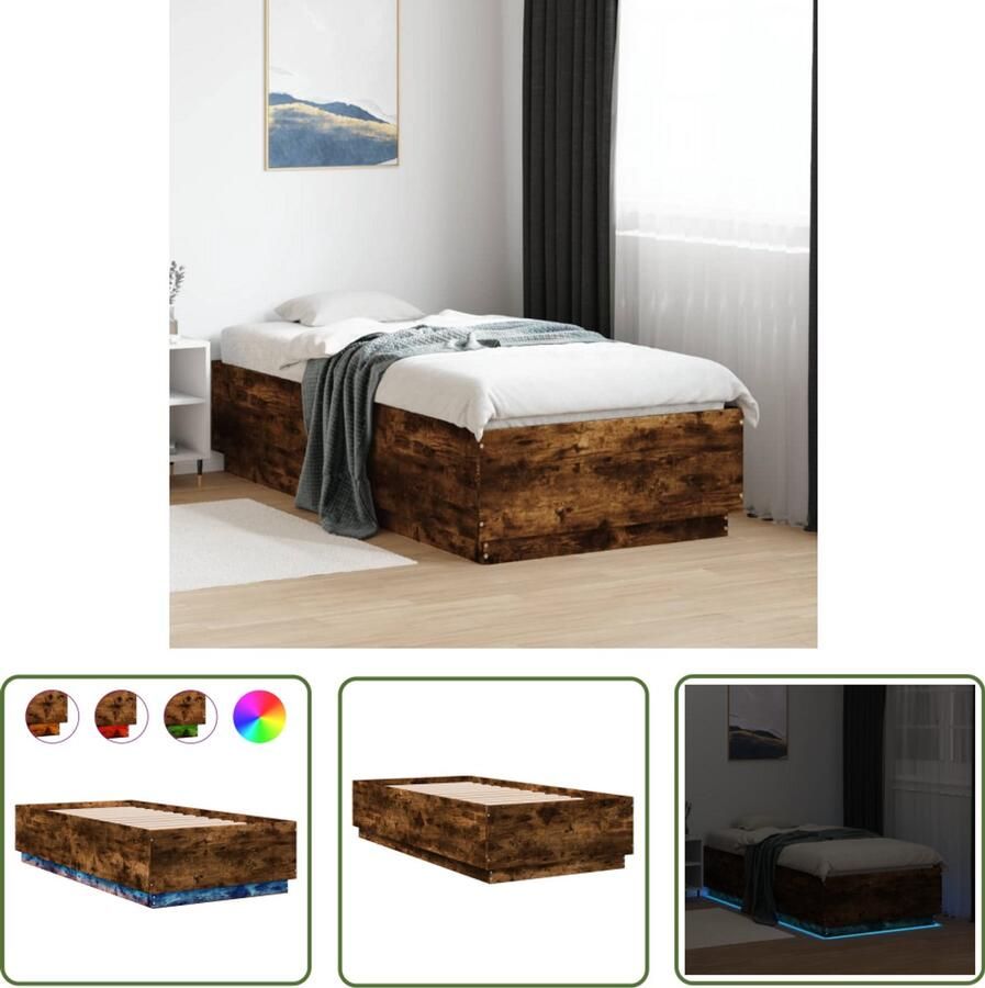 VidaXL Bedframe met LED-verlichting gerookt eikenkleurig 90x190 cm Bed Frame Houten Bed Led Bed Bruine Bed Tweepersoons Bed - Foto 2