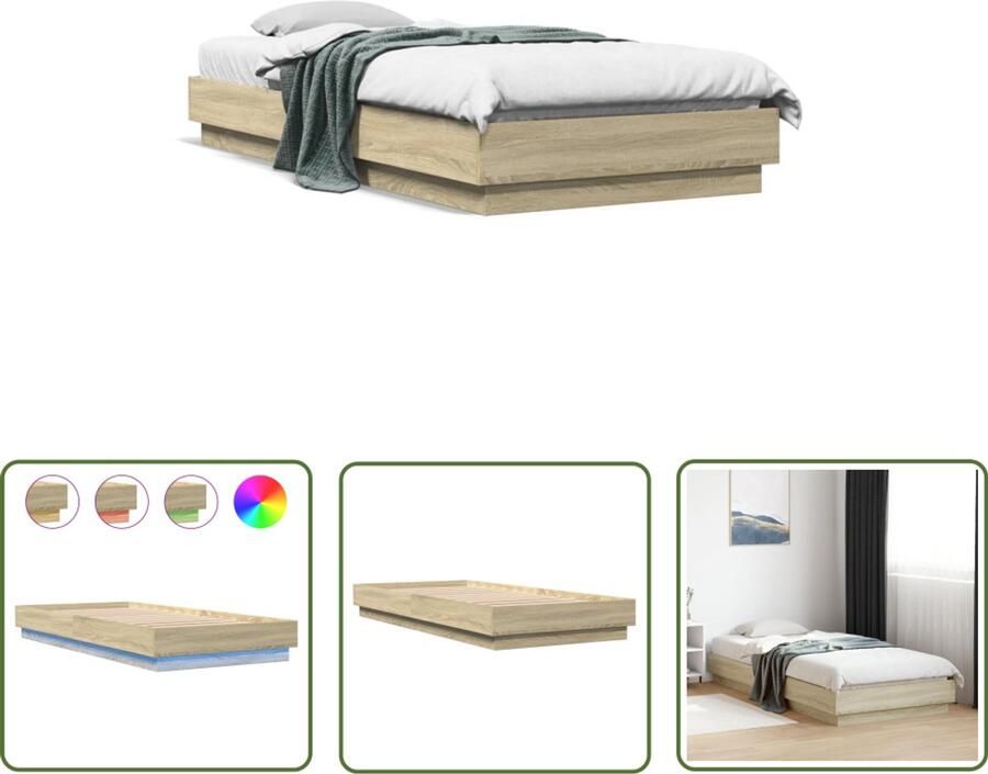 VidaXL Houten Bed Frame Bedframe met LED-verlichting sonoma eikenkleurig 90x200 cm Led Bed Sonoma Eiken Tweepersoonsbed