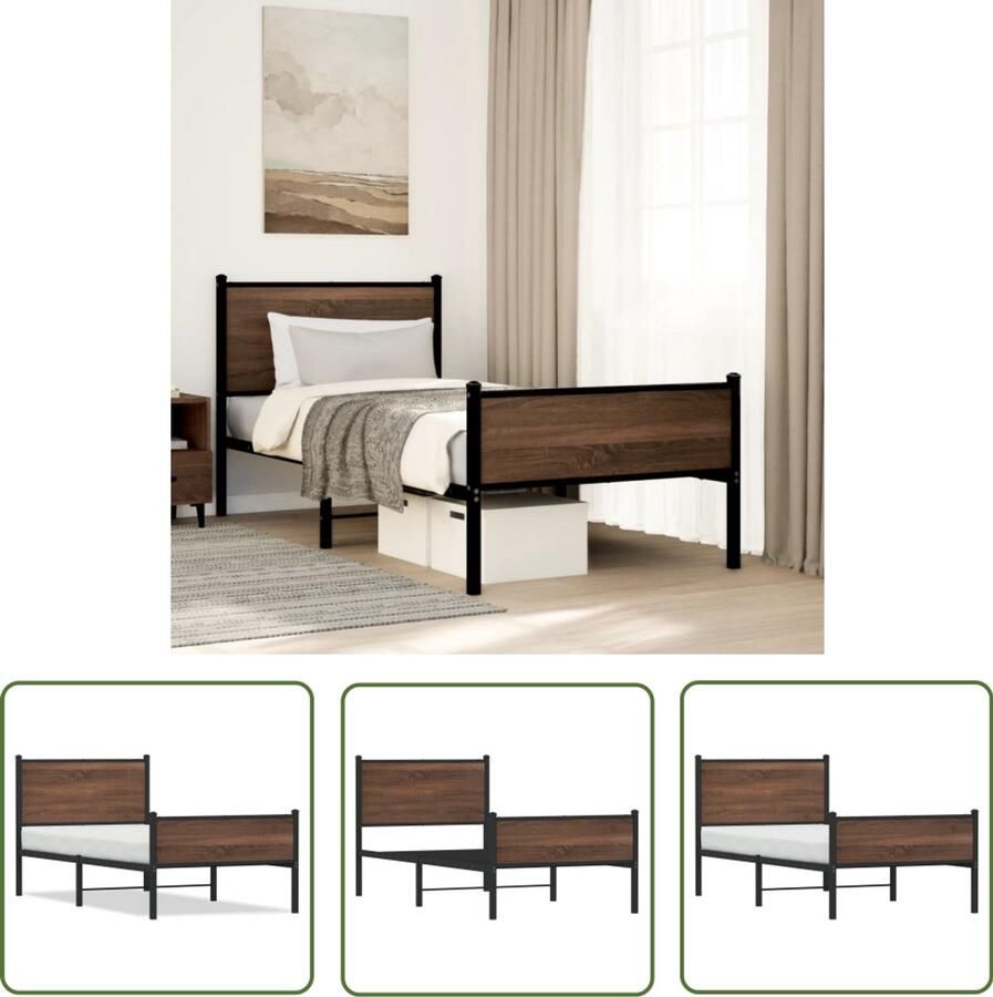 VidaXL Houten Bed Frame Bedframe zonder matras metaal bruin eikenkleurig 75x190 cm Staal Bedframe Bruin Bed Tweepersoonsbed