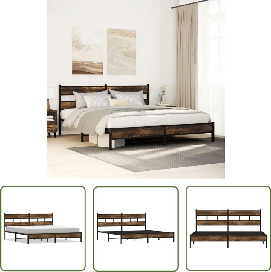 VidaXL Houten Bed Frame Bedframe zonder matras metaal gerookt eikenkleurig 200x200 cm Bed Zwart Slaapkamersdecoratie Boxspring