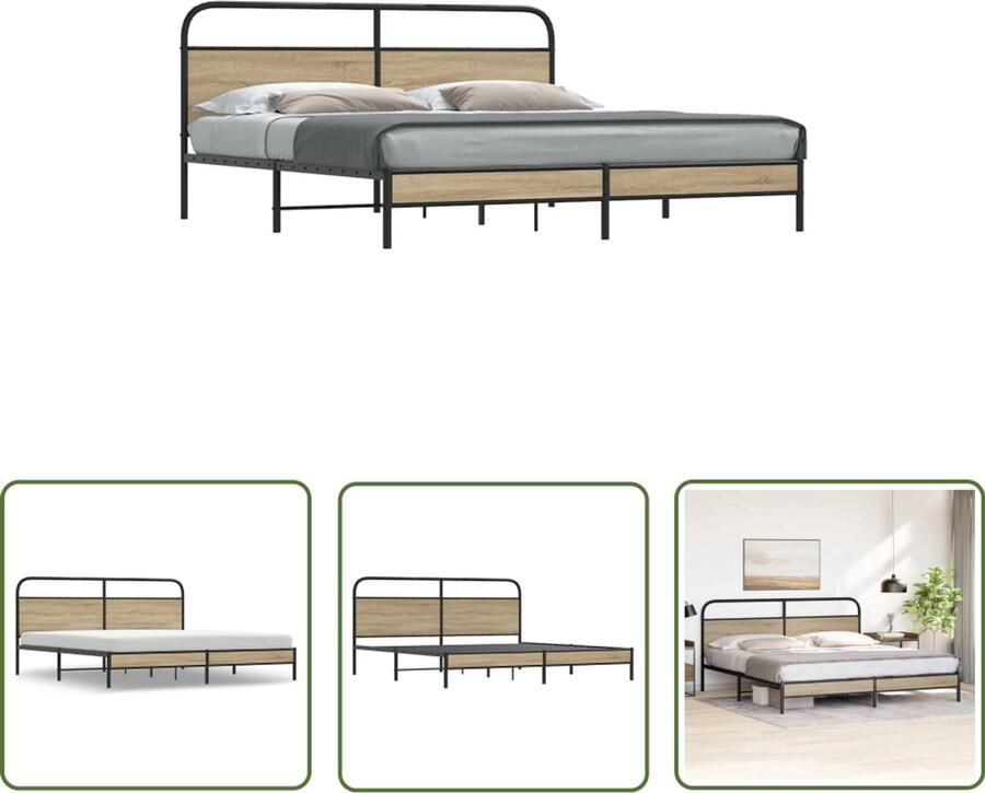 VidaXL Houten Bed Frame Bedframe zonder matras metaal gerookt eikenkleurig 200x200 cm Metalen Bed Boxspring Frame Kingsize Bed