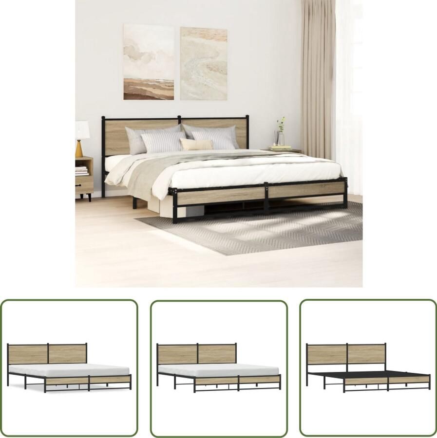 VidaXL Houten Bed Frame Bedframe zonder matras metaal sonoma eikenkleurig 183x213 cm Bed Met Hoofdbord Slaapcomfort Slaapkamersdecoratie