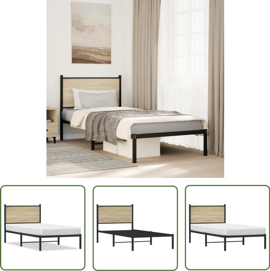 VidaXL Houten Bed Frame Bedframe zonder matras metaal sonoma eikenkleurig 80x200 cm Staal Bed Sonoma Eiken Kleur Tweepersoons Bed