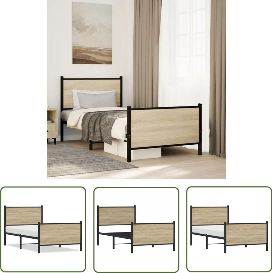 VidaXL Houten Bed Frame Bedframe zonder matras metaal sonoma eikenkleurig 90x200 cm Staal Bed Sonoma Eiken Kleur Enkel Bed