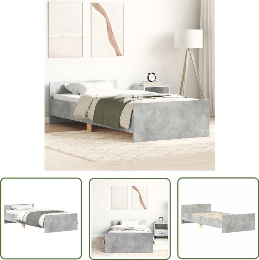 The Living Store Bedframe bewerkt hout betongrijs 100x200 cm Beton Grijs Bed Frame Houten Bed Frame Multiplex Lattenbodem Functionele Hoofdeind Stapelbare Bed Frames