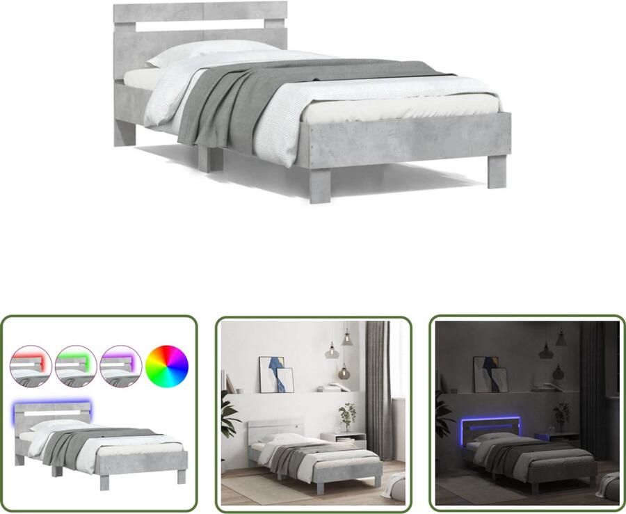 VidaXL Houten Bed Frame Beton Grijs Bed Frame Bedframe met hoofdbord en LED-verlichting betongrijs 100x200 cm Led Bed Frame Tweepersoons Bed King Size Bed