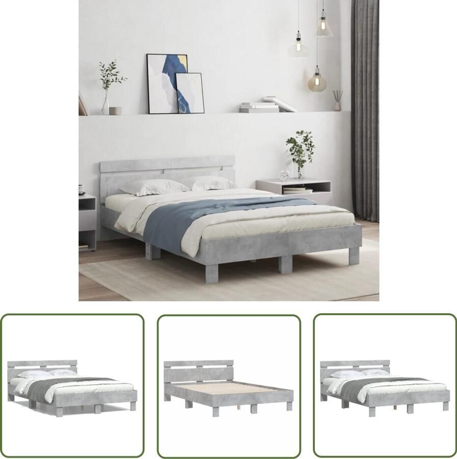 VidaXL Houten Bed Frame Beton Grijs Bed Frame Bedframe met hoofdeinde bewerkt hout betongrijs 120x190 cm Tweepersoons Bed King Size Bed Slaapcomfort