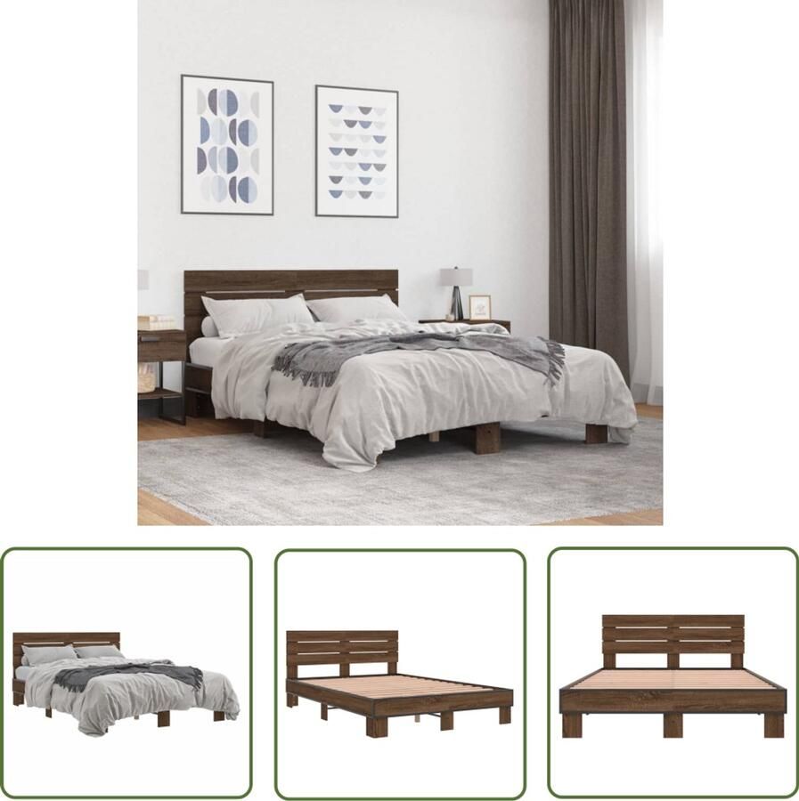 VidaXL Houten Bed Frame Bruin Houten Bed Bedframe bewerkt hout metaal bruin eikenkleur 120x200 cm Tweepersoons Bed Frame 120x200 Bed Frame Design