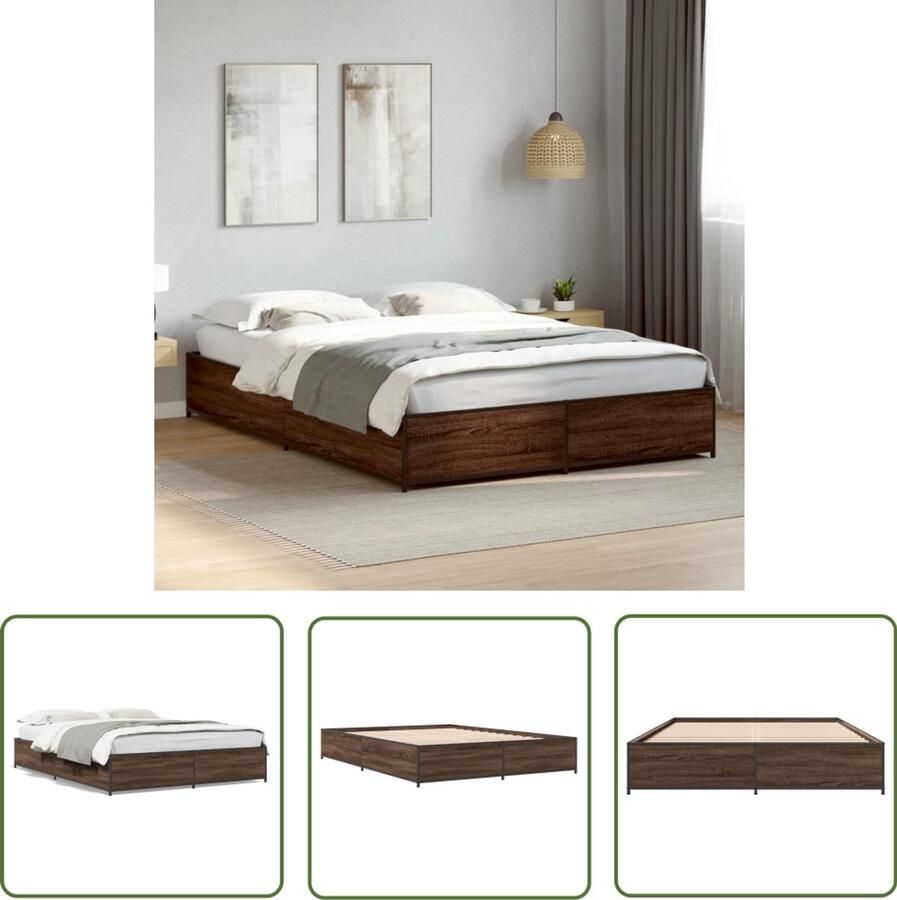 VidaXL Houten Bed Frame Bruin Houten Bed Bedframe bewerkt hout metaal bruin eikenkleur 140x190 cm Bed Frame 140x190 Tweepersoons Bed Design Bed