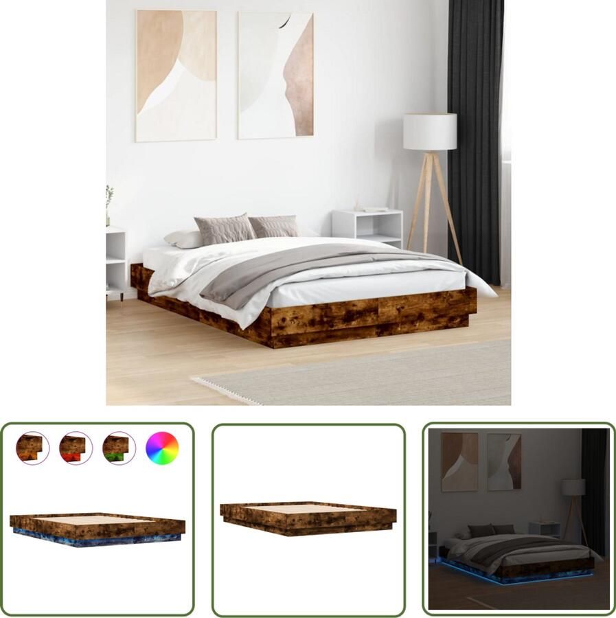 VidaXL Houten Bed Frame Led Bed Frame Bedframe met LED-verlichting gerookt eikenkleurig 135x190 cm Bruine Bed Frame Slaap Kamer Decoratie Modern Bed Frame
