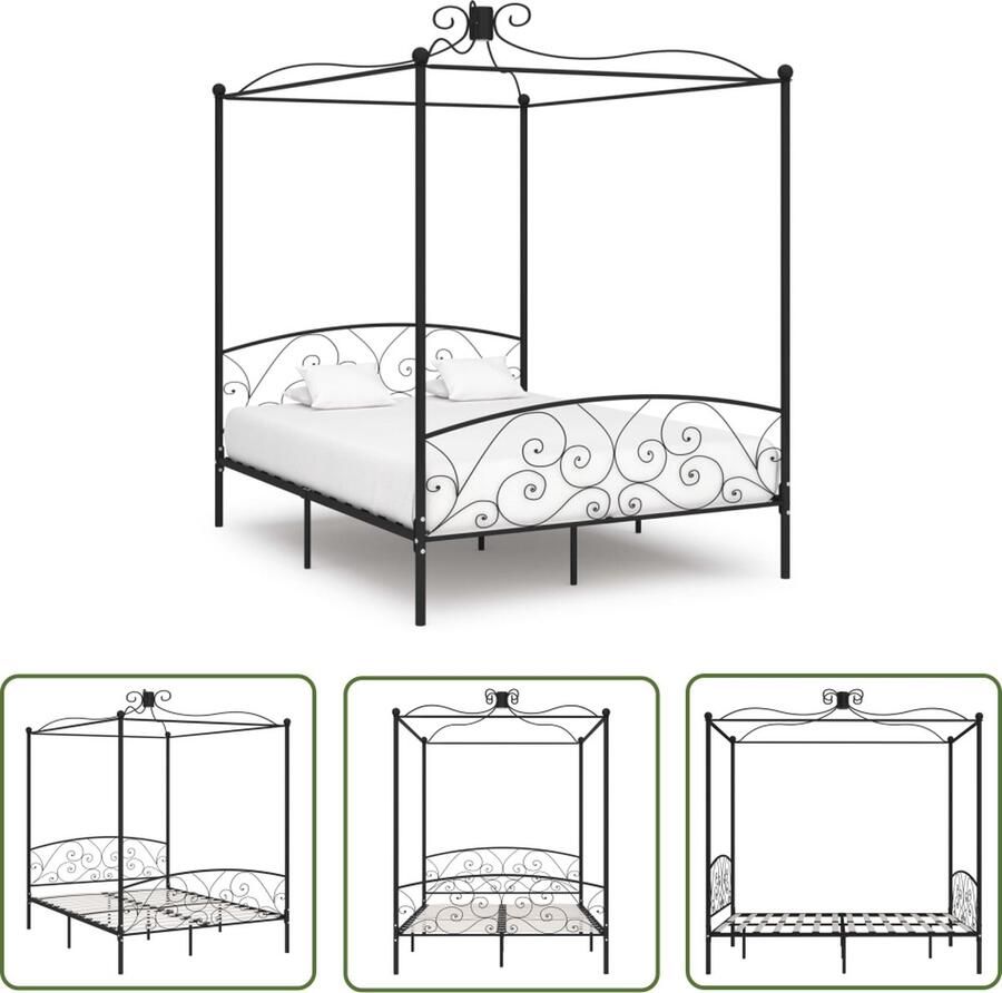 The Living Store Metalen Hemelbedframe 211 x 169 x 227 cm Zwart Massief Metaal Inclusief Lattenbodem Voor Matras 160 x 200 cm Verfijnd Ontwerp Metalen Hemelbed Houten Bed Frame Tweepersoons Bed Hoofdbord Bed King Size Bed - Foto 2