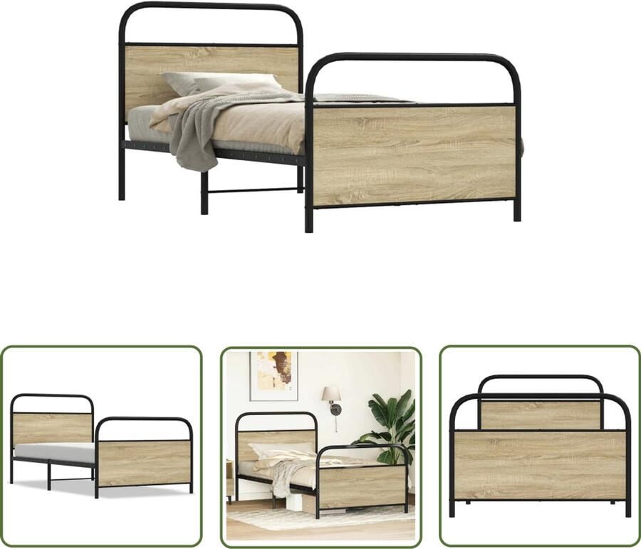 VidaXL Bedframe 90x200 cm Sonoma Eikenkleur Bed Frame Houten Bed Sonom Eiken Kleur Tweepersoons Bed Boxspring Frame Slaapkamerstijl Modern Bed Comfortabel Bed Eenvoudig Te Monteren Bedsteun