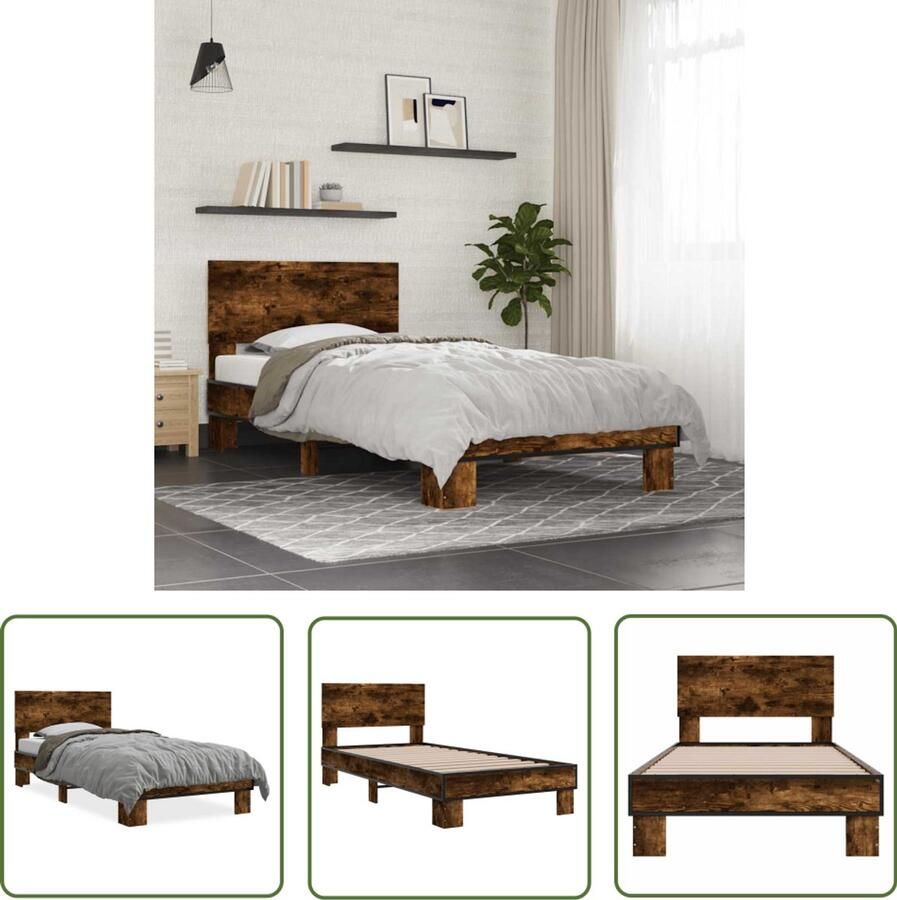 VidaXL Houten Bed Frame Slaapcomfort Bedframe bewerkt hout en metaal gerookt eikenkleurig 90x190 cm Bed Frame Bruin Tweepersoonsbed Boxspring Bed